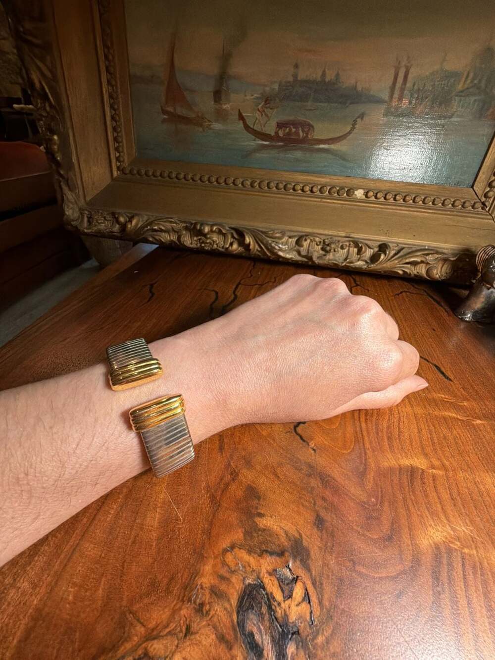 Vintage Two-Tone Tubogas Style Cuff Bracelet with Gold-Tone Textured Caps